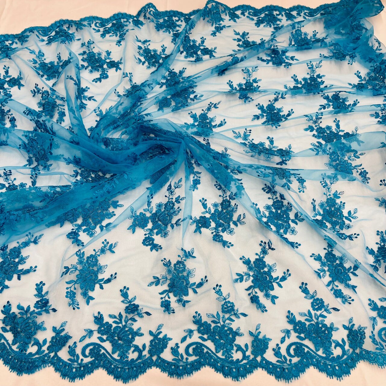1 Yard Elegant Corded Bridal Lace Fabric with Embroidered on 100% Polyester Net Mesh 56" Width